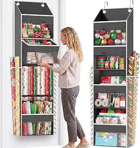 Over Door Wrapping Paper Organizer Storage with 3 Removable Drawers & Side Pockets  Dual Use Design with Elastic Straps  Christmas Gift Wrap Storage for Ribbons, Bows, Ornament and Other Tools 1Pack