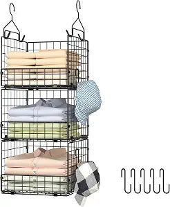 Sonyabecca 3-Tier Closet Organizers and Storage, Foldable Stackable Wire Basket Bins with 5 S Hooks, Space-Saving Hanging Closet Shelf for Clothing, Sweaters, Handbags, Hats,Purse