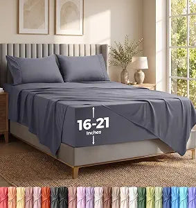 Extra Deep Pocket Queen Sheet Set - 4PCs Fits Up to 21 Inches - Grey