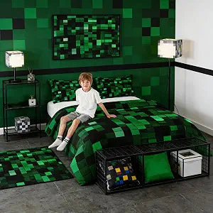 Pixelated Miners Game Kids Comforter Set Twin Size,Geometric Check Video Games Bedding Set Boys Room Decor,Gamepad Camo Grid Quilt Comforter,Black Green Duvet Set Bedroom Quilt Set,1 Pillowcase
