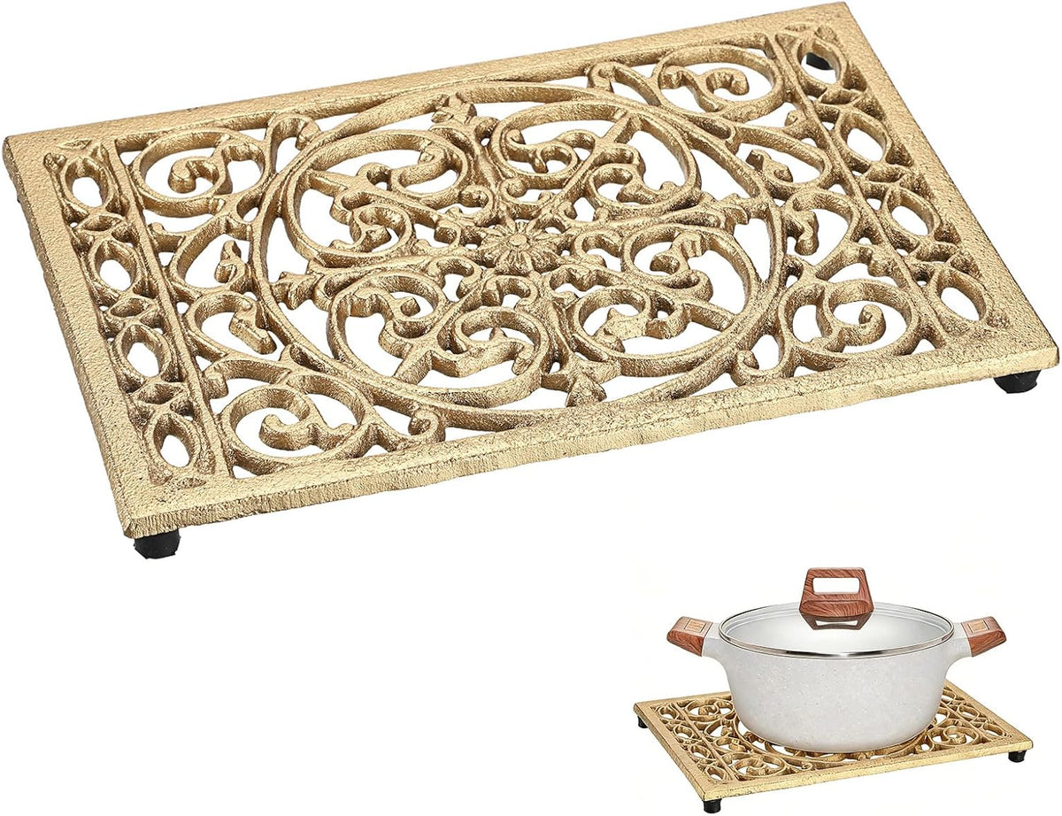 Sumnacon Cast Iron Trivet, 9.6x6.3 Inch Metal Trivets with Rubber Feet, Heat Resistant Trivets for Hot Dish Pot Pan Plate Teapot, Rustic Cast Iron Accessories for Kitchen Cooktop Dining Table, Gold