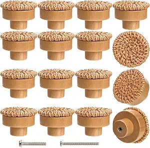 Nicunom 16 Pack Boho Rattan Dresser Knobs, Round Cabinet Knobs Wood Furniture Drawer Knobs with 32 Screws, Handmade Wicker Woven Pulls for Nursery Kitchen Wardrobe Cupboard