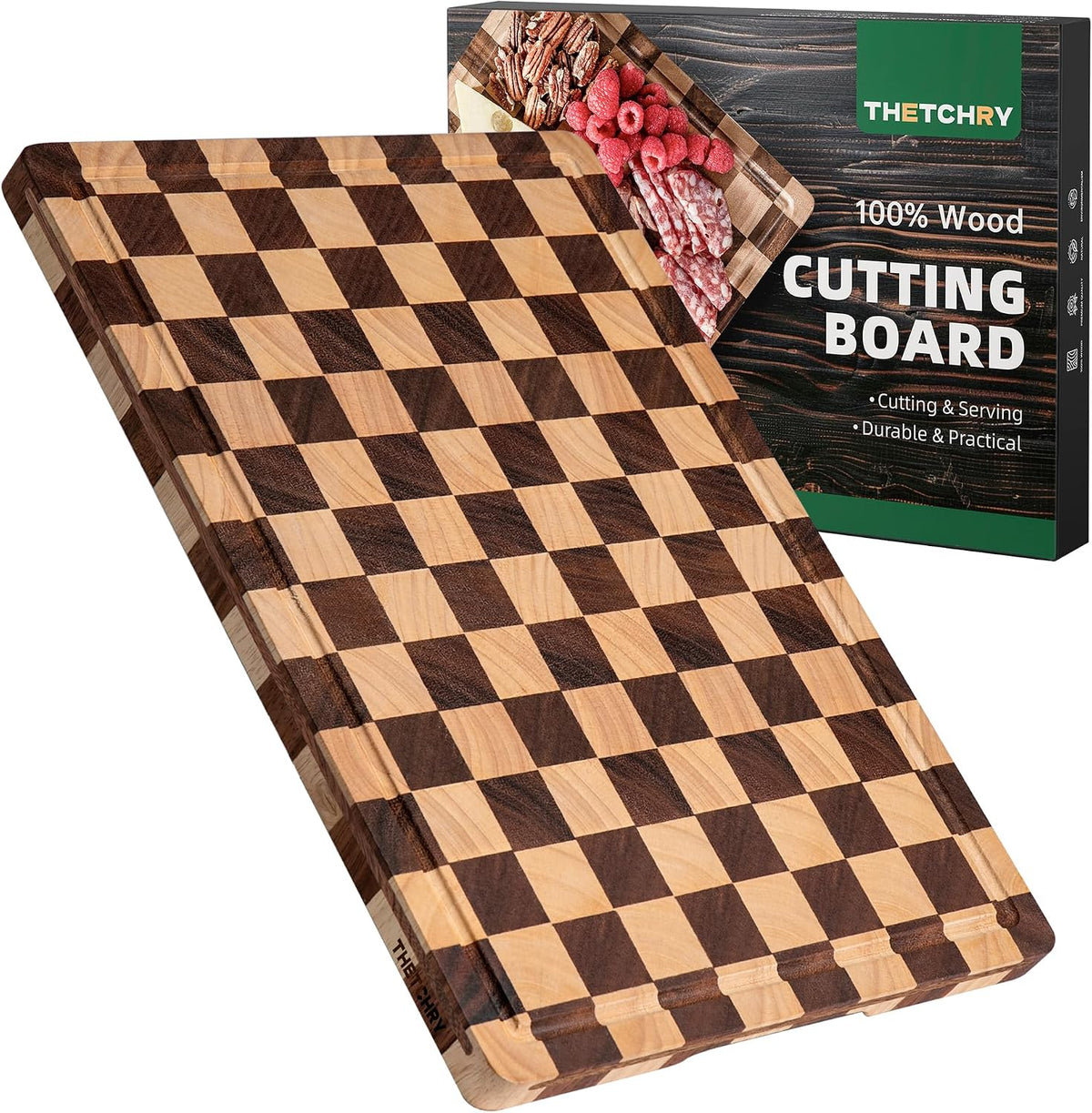 THETCHRY Cutting Boards for Kitchen, Checkered Wooden Chopping Board