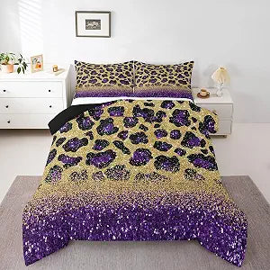 Purple Leopard Print Comforter,Wild Animal Skin Bedding Set for Kids Girls Boys,Teens Adults Purple Gold Glitter Comforter,Cheetah Pattern Quilted Duvet Set Bedroom Collection Twin Size 2Pcs
