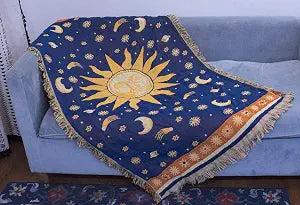Erke 35"x60" Sun and Moon Stars Cushion Cover for Sofa Loveseat Slipcover Chair Furniture Protector Decor, Hippie Room Decorative Wall Hanging Celestial Tapestry Tablecloth (Yellow Blue)