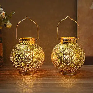 TRIROCKS Set of 2 Moroccan Style Metal Table Lamp 7'' High Battery Powered Cordless Lamp with LED Fairy Lights Bulb Perfect for Home Living Room Parties Tabletop Indoors(Gold)