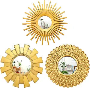 Fourluoo 3 Pack Gold Sunburst Wall Mirrors Decor, Sun Mirror Wall Decor