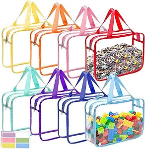 8 Packs 8 Colors Large Toy Storage Bags with Zipper and Labels, Clear PVC Waterproof Toy Organizers Bags for Board Games, Puzzles Pieces, Building Blocks, Handmade Accessories, Kid Books
