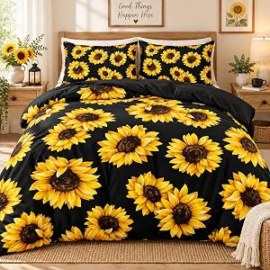 Sunflower Duvet Cover Set Queen Size Sunflowers on Black Background Bedding Set Comforter Cover and Pillow Shams Yellow Sunflowers Bedding Set Sunflower Decor for Bedroom