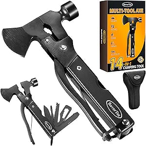 RoverTac 14-in-1 Multitool Camping Axe  Multi Tool with Knife, Hammer, Saw, Screwdrivers, Bottle Opener  Camping Tool with Sheath  Tool Gifts for Men, Dad, Husband, and Outdoor Enthusiasts.