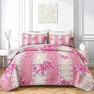 QOOMO Pink Bow Quilt Set Full Queen Size