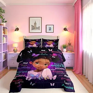Castle Fairy Cute Girl Bedding Set Full Size African Style Girls Comforter African Style Girl Comforter Set Purple Galaxy Butterfly Duvet 3Pcs Quilt with 2 Pillowcase