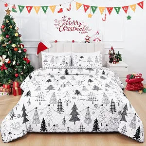 BLEUM CADE Christmas Quilt Set King, 3 Pieces Reversible Bedding Set with 2 Pillow Shams Grey Checked Merry Christmas Bedspread Coverlet Set King 96"x106" Trees Snowflakes