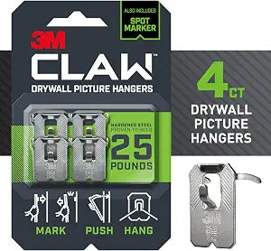 3M Claw 25 lb. Drywall Picture Hanger with Spot Markers, Heavyweight Hanging Solution for Room Decor and Office Decor, Including Mirrors or Large Art  4 Pack