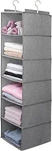 Large Hanging Sweater Organizer for Closet,Collapsible 6-Shelf Hanging Closet Shelves with Drawers, Washable (Grey-6 Shelf)