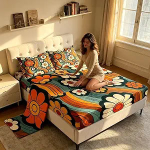 Groovy Daisy Flowers Sheet Twin Size,70s 80s Vintage Floral Hippie Psychedelic Bedding Set,Boys Girls Room Decor,Rainbow Boho Exotic Bohemia Retro Bed Sheet Set 3pcs(Fitted + Flat + 1 Pillowcase)