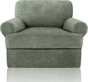 Sofa Cover 2 Pieces T Cushion Chair Covers with Arms Super Stretch Chair Slipcover for Living Room,Slip Cover Anti Slip Armchair Furniture Protector Pet Universal(Green, 1 Cushion)