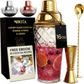 Nikita Cocktail Shaker, 5-Piece Martini Shaker & Bartender Kit with Bar Accessories Strainer, Jigger, Spoon & Muddler, Gold 16oz Drink Mixer with Bartender Accessories