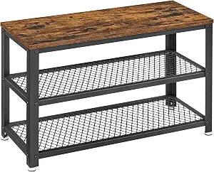 VASAGLE 3-Tier Shoe Rack, Storage Bench with Metal Mesh Shelves and Seat