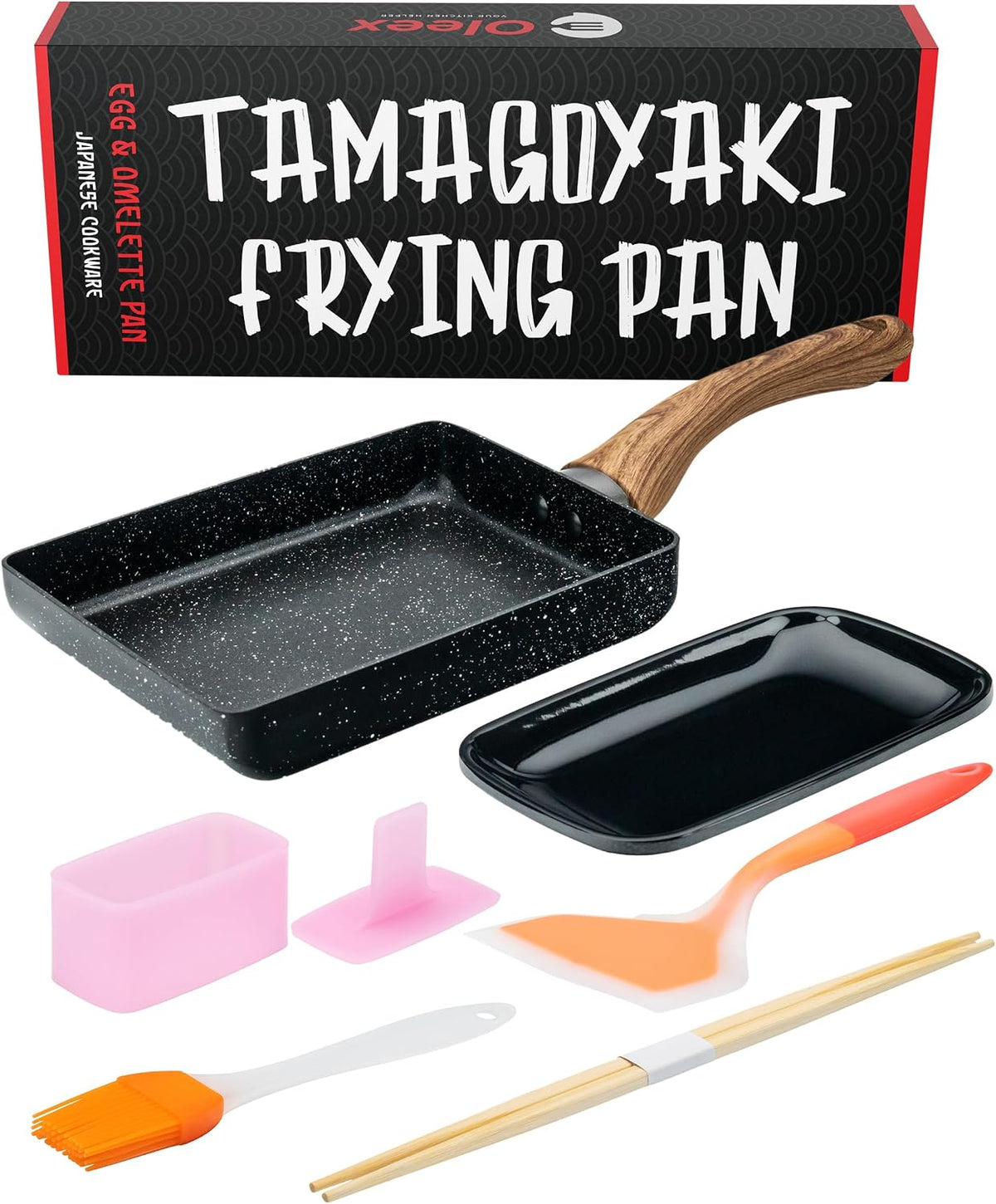 Oleex Tamagoyaki Pan Set - Japanese Omelette Pan with Kitchen Cooking Tools Like Musubi Mold, Spatula & Other Omelet Accessories - Multifunctional PFOA-Free Nonstick Square Frying Pan - 5x7 Inches