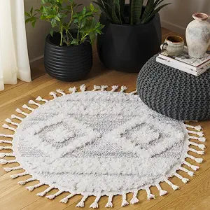 SAFAVIEH Moroccan Tassel Shag Collection Round Rug - 3' Round, Ivory & Beige, Contemporary Design, Ideal for High Traffic Areas in Living Room, Bedroom & Dining Room (MTS640A-3R)