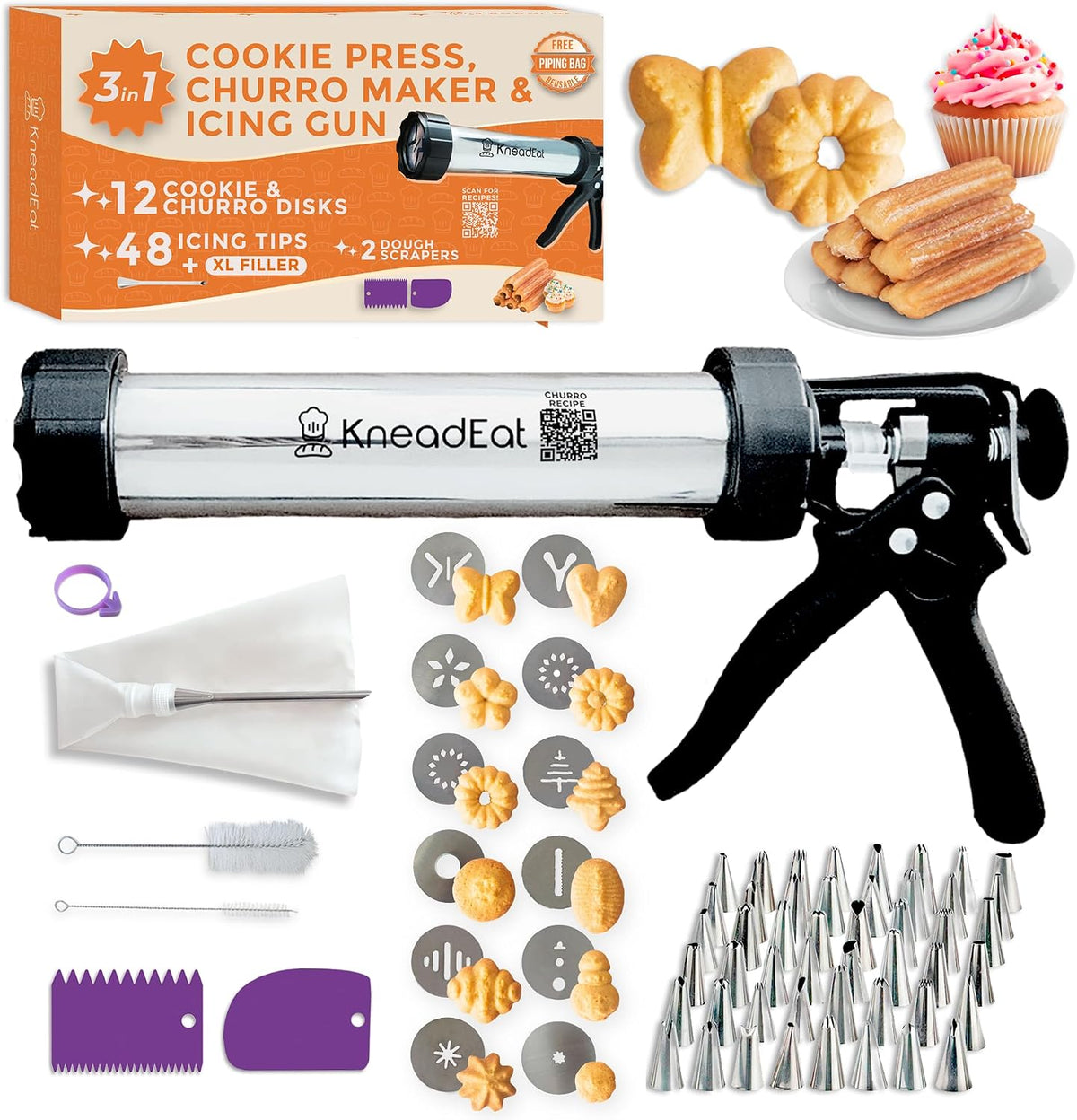 KneadEat 68-Piece Spritz Cookie Press, Churro Maker, Frosting Piping Kit