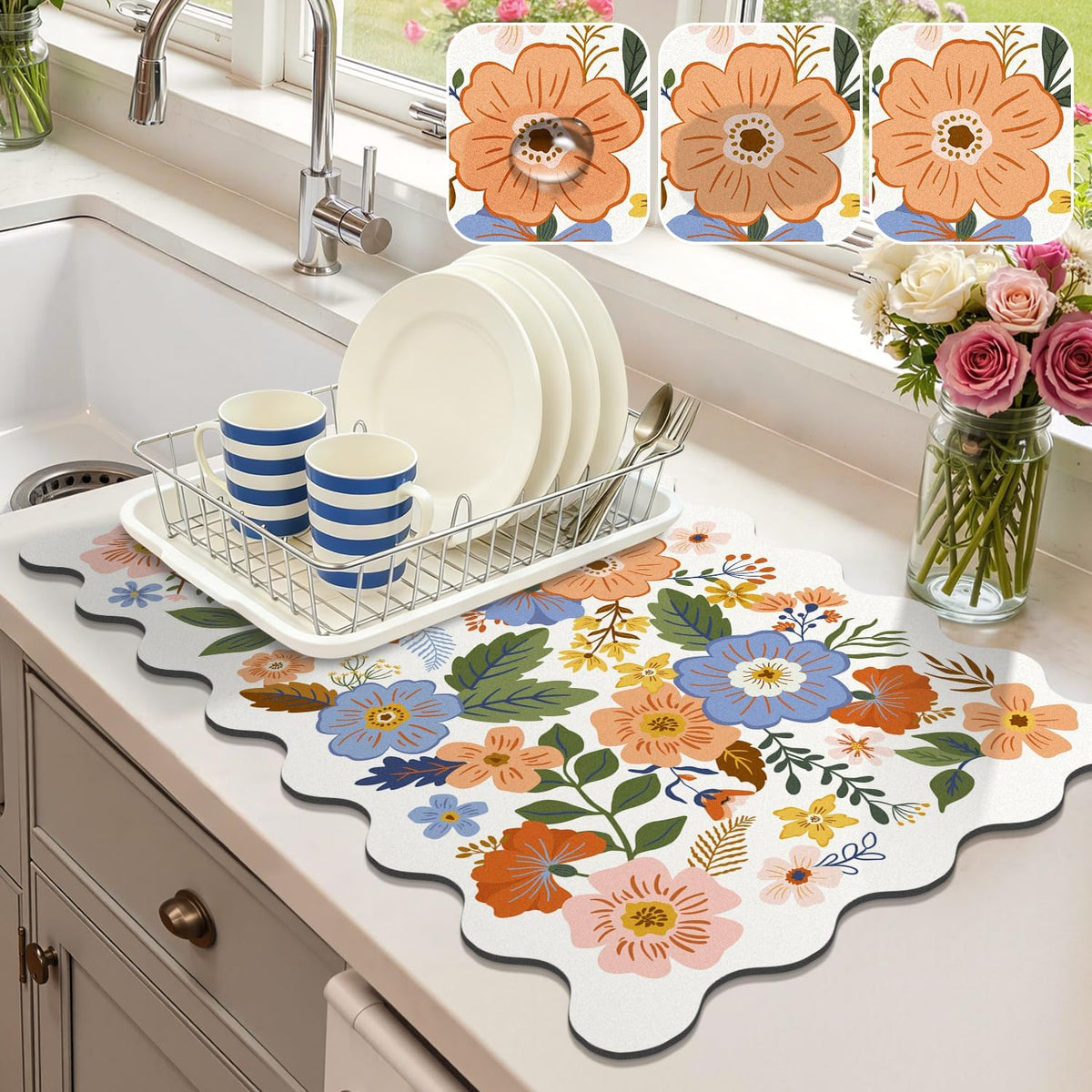 LOKHOM Scalloped Floral Dish Drying Mat, 12"x20" Coffee Mat Wildflowers