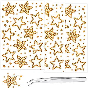 3 Sheets Star Face Gems Self Adhesive Gold Star Rhinestones Face Jewels Glitter Crystal for Body Nails Crafts Decoration Birthday New Year Makeup Accessories
