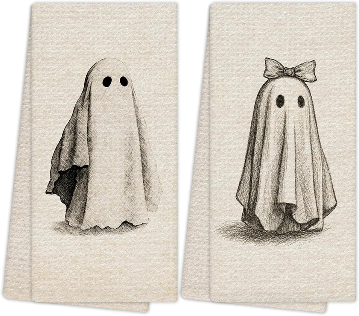 Neutral Halloween Ghost Kitchen Towels, Rustic Farmhouse Halloween Hand Towels for Bathroom Decor, Cute Spooky Ghost Dishcloths Dish Towel for Kitchen 16x24 Inches Set of 2
