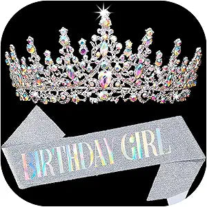 COCIDE BIRTHDAY GIRL Sash for Women Happy Birthday Sashes and Crowns for Girls Crystal Tiaras for Princess Silver Party Decoration for Gift Headband Supplies Accessories Favors