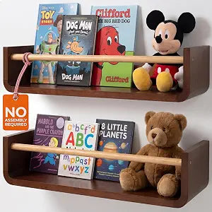 Ovalo Nursery Book Shelves Set of 2 - Solid Pine Wood Nursery Bookshelf, Floating Nursery Shelves for Wall, Wall Bookshelf for Kids Room, No-Assembly Wall Mounted Baby Book Shelf. (Walnut Brown)