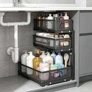 Under Sink Organizer,3-Tier Thickened Metal Pull out Cabinet OrganizerShelf