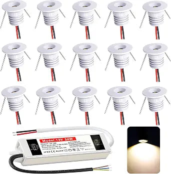Mini Led Spot Lights 1W 12V LED Recessed Spot Light 0.59-0.7in Cutout LED Downlight IP65 Warm White 3000K Ceiling Spotlights for Cabinet, Kitchen, carport, RV, Stairs,With transformer(White, 15Pack)
