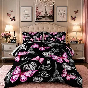 Pink Butterfly Comforter Twin Bedding Sets with 2 Pillowcases.
