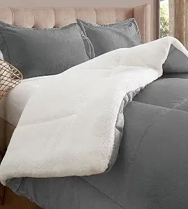 Elegant Comfort Super Soft Sherpa Comforter 3-Piece Set Premium Quality, Heavy Weight Reversible Down Alternative Micro-Suede, Sherpa Comforter, Queen, Silver Gray