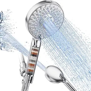 SR SUN RISE Filtered Shower Head with Handheld High Pressure 9 Spray Mode Showerhead Detachable Shower Head Water Softener Filters Beads for Hard Water Remove Chlorine 1 Filter Bright Silver