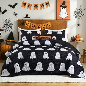 JANZAA Halloween Quilts Queen Size, Black Bedspread Ghost Bedding Set 3Pcs