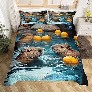 Capybara Bedding Set,Wild Animals Comforter Cover Set for Teens Women Room Decor,Funny Capybaras Duvet Cover Breathable Kawaii Animals Bedspread Cover Full Size(No Comforter)