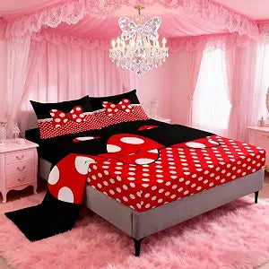 Homewish Bowknot Sheet Set Queen,White Dots Bedding Set for Kids Teens Girls Boys,Romantic Princess Style Red and Black Bed Sheet Set 4pcs with Deep Pocket Fitted Sheet + Flat Sheet + 2 Pillowcases