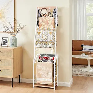 Pinzoveco Blanket Ladder, 7 Tier Wooden Ladder Shelf with Hooks 5.5ft White