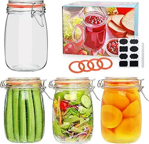 32 oz Wide Mouth Mason Jars with Airtight Hinged Lids, Large Glass Jar with Lid for Pickling, Fermentation, Canning, Food Storage  Set of 4 Glass Storage Containers