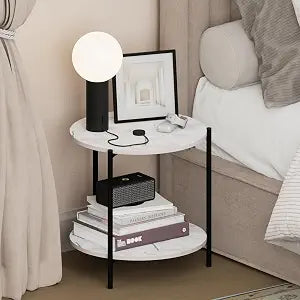Furinno BESI Night Stand, 2-Tier Wide Round Nightstand, Metal Frame End Table, Bedside Table, Side Table with Open Shelf, for Living Room, Bedroom, Marble White