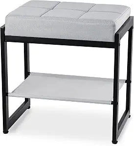 Vanity Stool, Vanity Chair Stools with a Lower Storage Shelf, Square Linen Upholstered Ottoman Bench for Bedroom, Living Room, Small Modern Metal Legs Makeup Chairs, Grey&Black