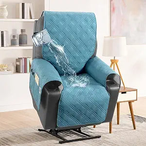 H.VERSAILTEX 100% Waterproof Recliner Chair Cover Non-Slip Sofa Slipcover with Elastic Straps for Pets, Dogs Furniture Protector for Electric Power Lift Recliner Washable with Pocket,Smoke Blue/Beige