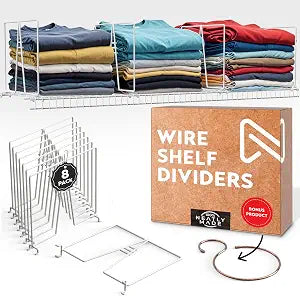 Tall Wire Shelf Dividers for Closet Organization  8 Pack For 16 Inch Wire Shelves Only - Measure Before You Buy - Sturdy and Easy Set-Up with Bonus Rose Gold Hanger
