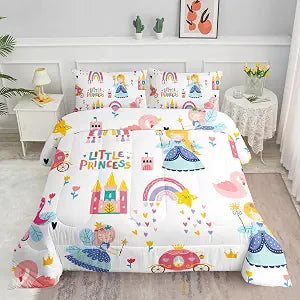 Datura home Girls Bedding Comforter Set Little Princess and Rainbow Castle Printed Pattern Quilt Bedding Set with 1 Comforter and 2 Pillowcases for Girls Bedroom All Season(Princess Twin)