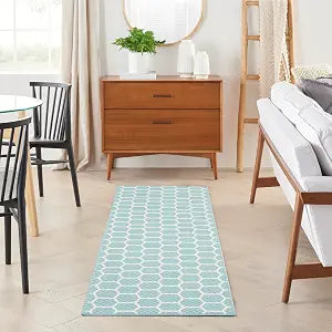 Nourison Home Reversible Indoor Outdoor Aqua 2'2" x 8' Area Rug - Easy Clean, Non Shedding, Bed Room, Living Room, Dining Room, Kitchen (8' Runner)