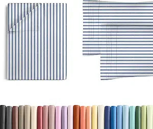 Full Size Flat Bed Sheet + 2 Pillowcases Bundle - Hotel Luxury Single Flat Bottom Sheet Only - Fits Mattresses with Deep Pockets between 8 to 16 inches - Soft, Breathable & Wrinkle Free - Blue Stripe