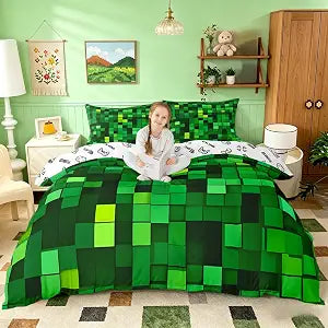Manfei Pixelated Blocks Miners Duvet Cover Set Full Size,Video Games Game Gamepad Kids Bedding Set,Geometric Grid Patchwork Room Decor,Green Quilt Cover,2 Pillowcases(No Comforter)