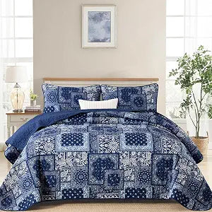 Cottolester Blue Quilts Queen Size,3 Pcs Boho Patchwork Quilt Bedding Set
